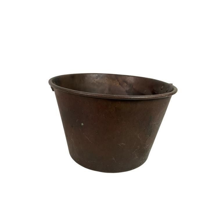 Antique Rustic Heavy Copper Bucket With Patina & Riveted Handle Mounts