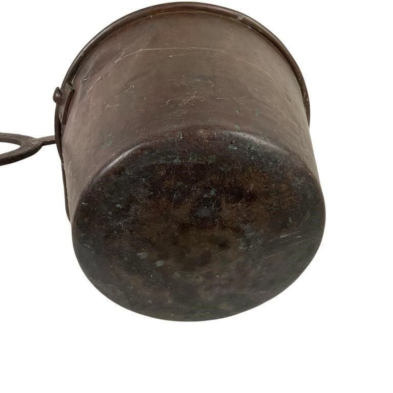 Antique Rustic Heavy Copper Bucket With Patina & Riveted Handle Mounts
