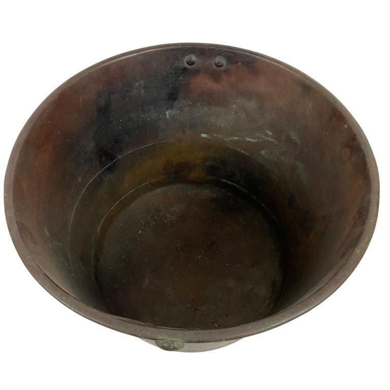 Antique Rustic Heavy Copper Bucket With Patina & Riveted Handle Mounts