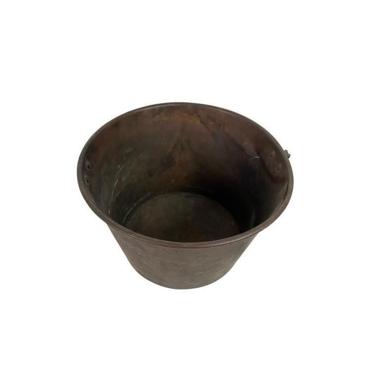 Antique Rustic Heavy Copper Bucket With Patina & Riveted Handle Mounts