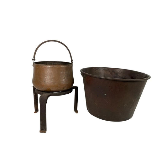 Vintage Copper Cauldron Pot With Iron Stand & Handle