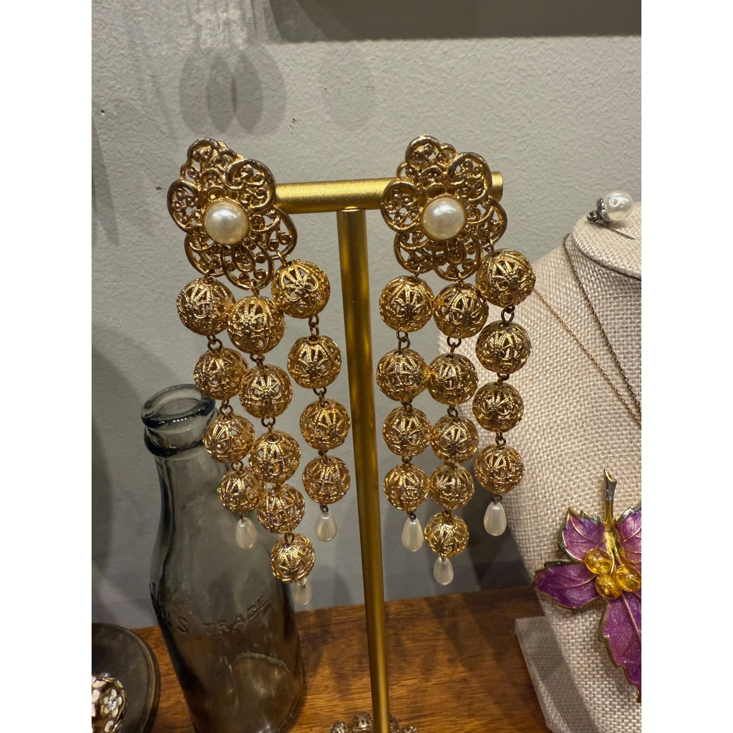 Vintage 1960's Gold Filigree Drop Earrings With Faux Pearl Accents