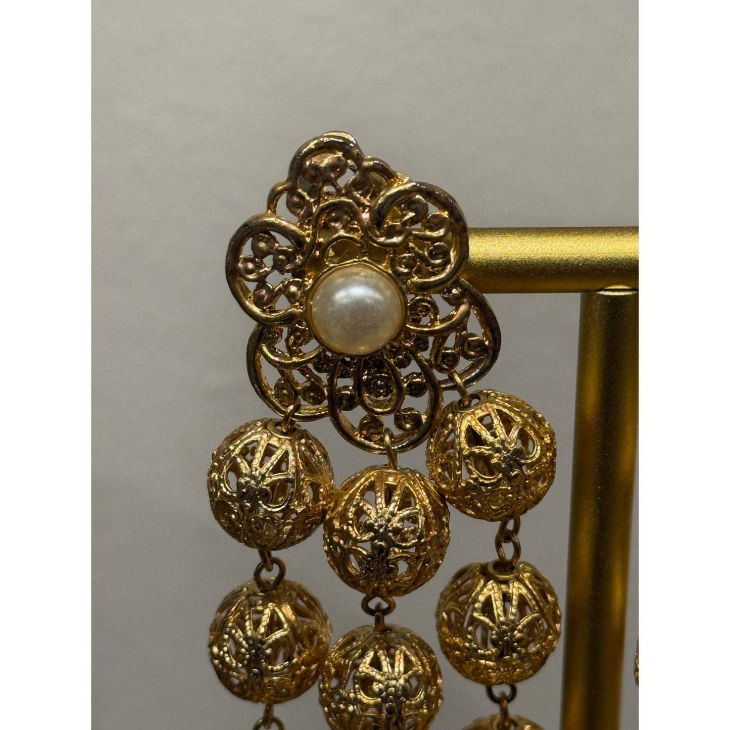 Vintage 1960's Gold Filigree Drop Earrings With Faux Pearl Accents