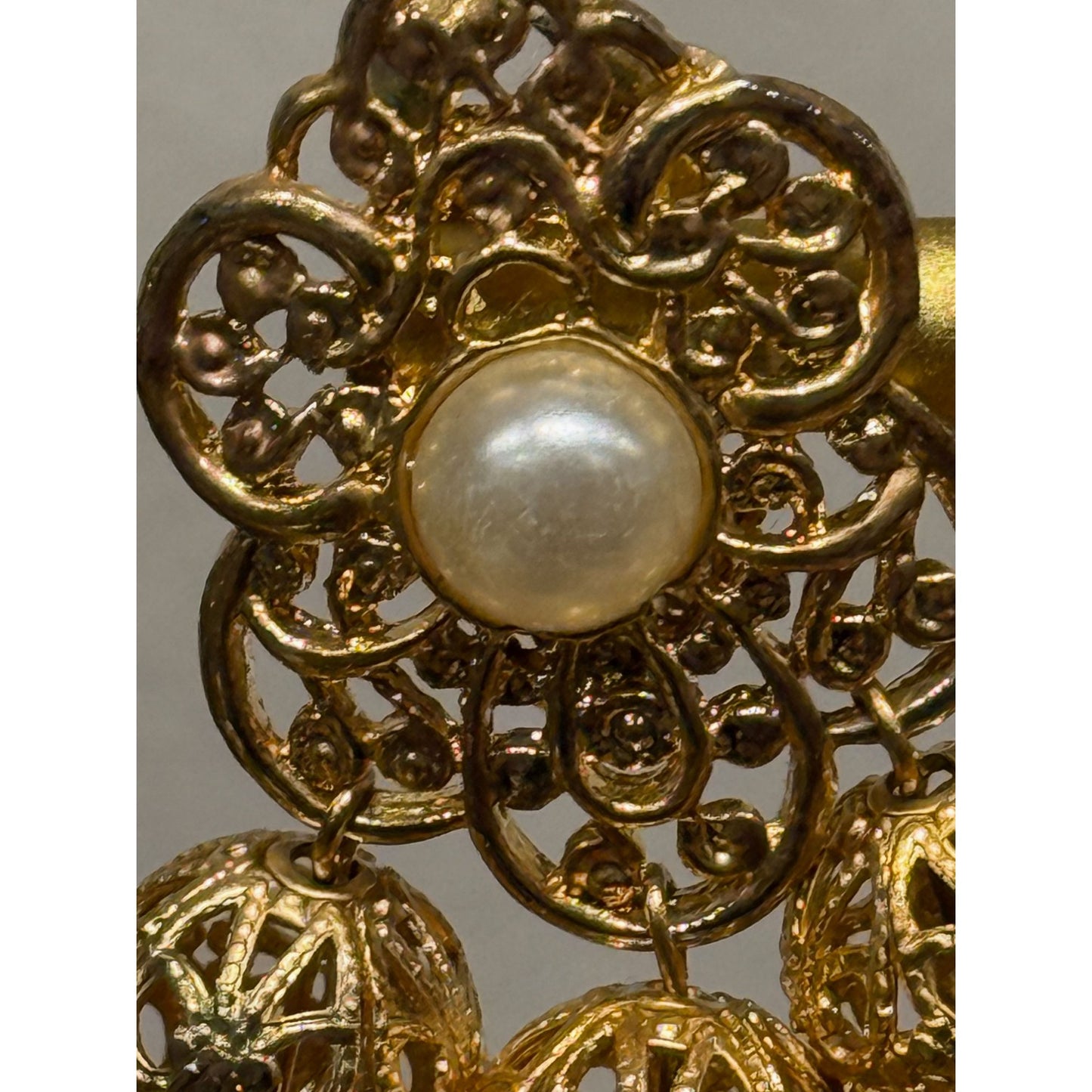 Vintage 1960's Gold Filigree Drop Earrings With Faux Pearl Accents