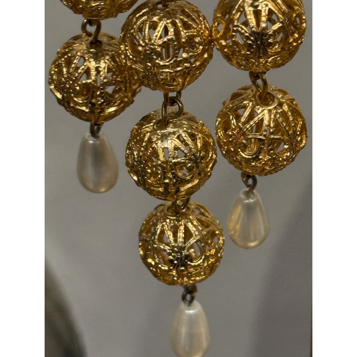 Vintage 1960's Gold Filigree Drop Earrings With Faux Pearl Accents