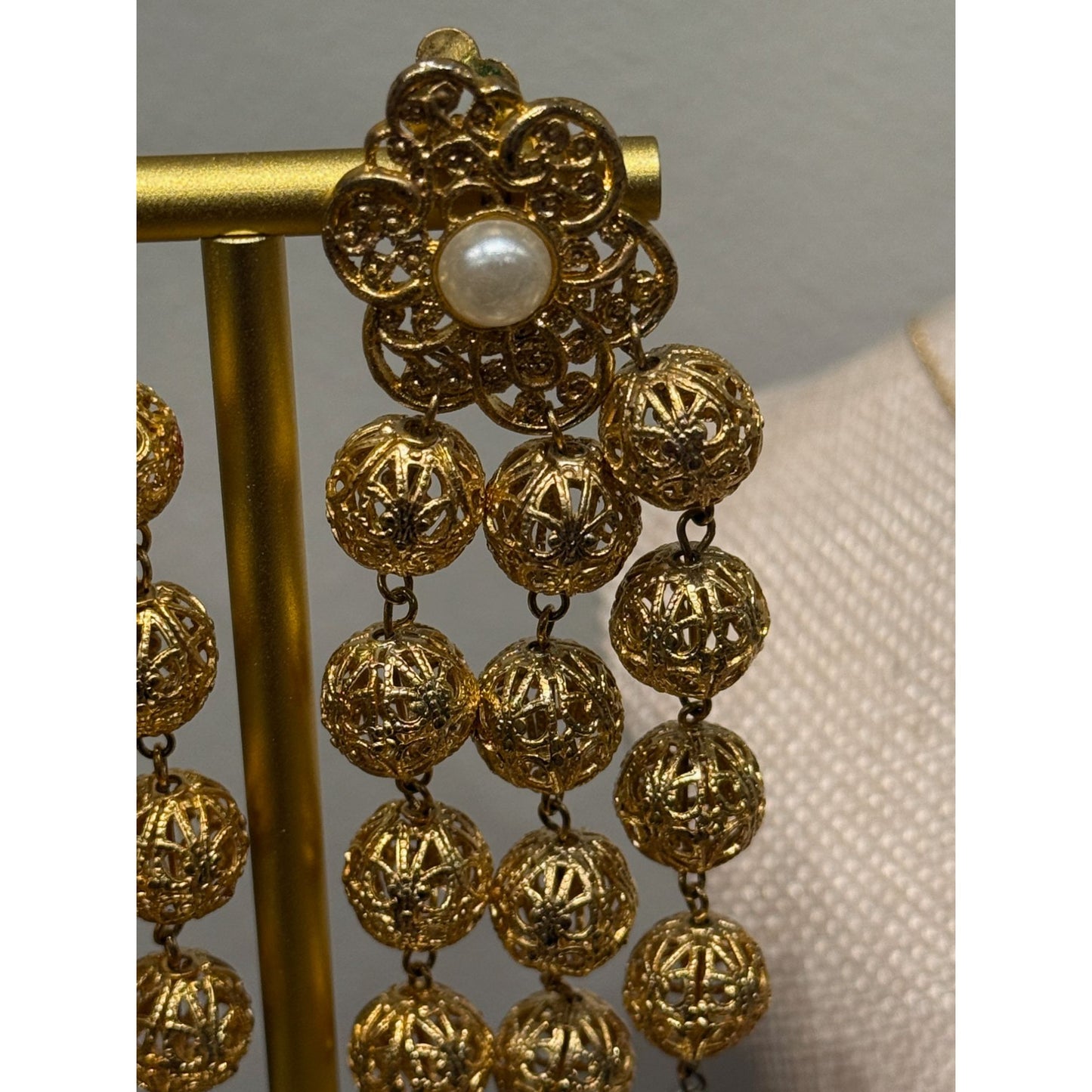Vintage 1960's Gold Filigree Drop Earrings With Faux Pearl Accents