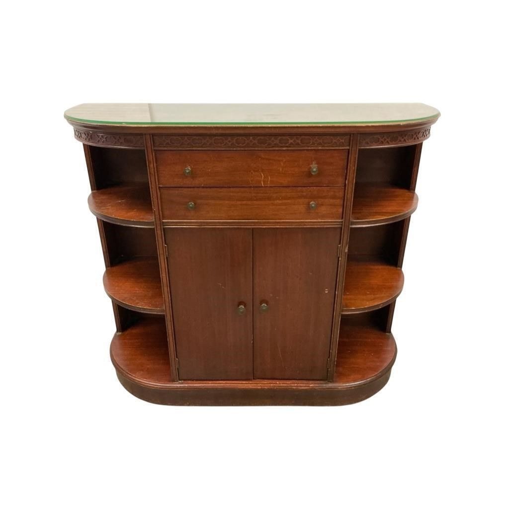 Vintage Mahogany Wood Half-Moon Sideboard Cabinet W/ Glass Top Open Shelves & Storage Drawers