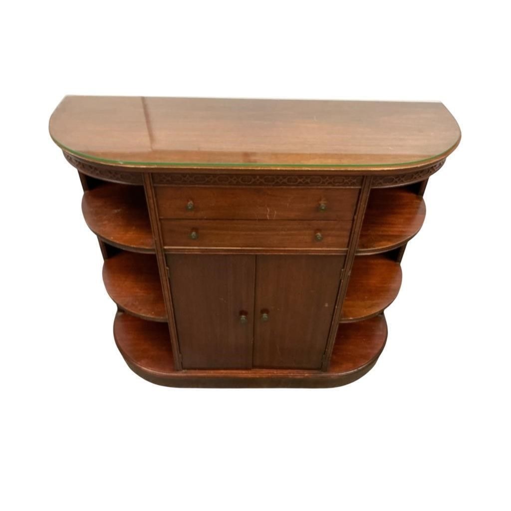 Vintage Mahogany Wood Half-Moon Sideboard Cabinet W/ Glass Top Open Shelves & Storage Drawers