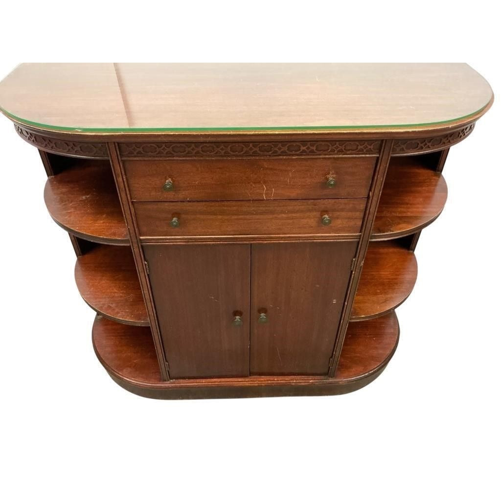Vintage Mahogany Wood Half-Moon Sideboard Cabinet W/ Glass Top Open Shelves & Storage Drawers