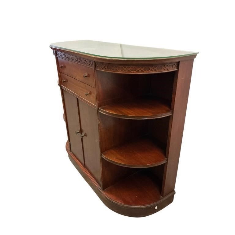 Vintage Mahogany Wood Half-Moon Sideboard Cabinet W/ Glass Top Open Shelves & Storage Drawers