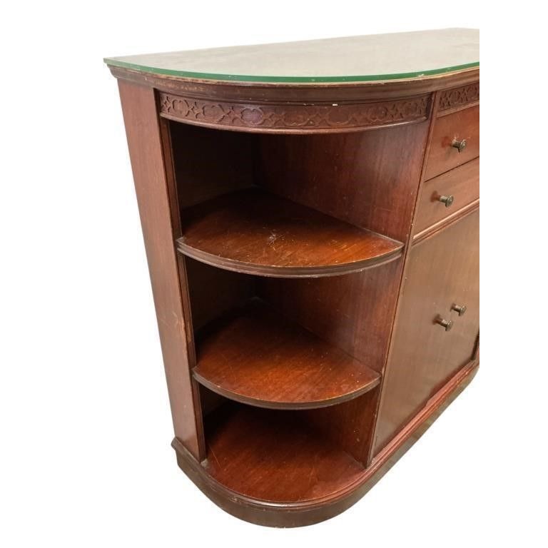 Vintage Mahogany Wood Half-Moon Sideboard Cabinet W/ Glass Top Open Shelves & Storage Drawers