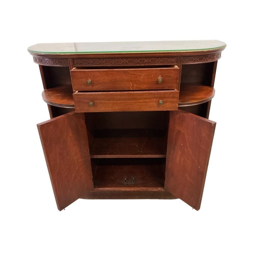 Vintage Mahogany Wood Half-Moon Sideboard Cabinet W/ Glass Top Open Shelves & Storage Drawers