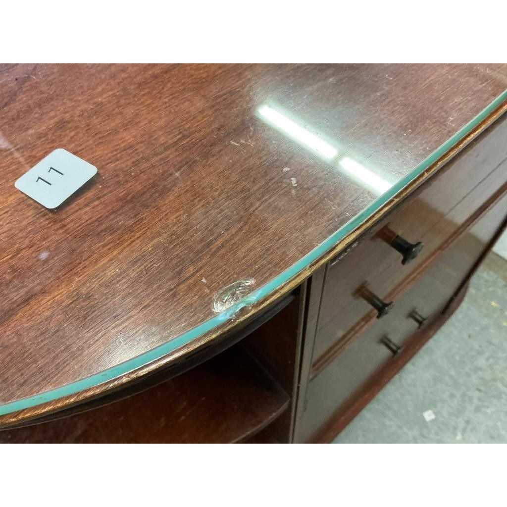 Vintage Mahogany Wood Half-Moon Sideboard Cabinet W/ Glass Top Open Shelves & Storage Drawers