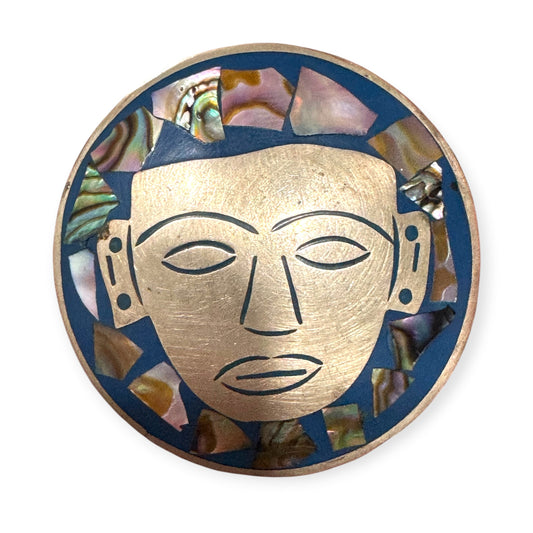 Vintage Mexican Alpaca Silver Aztec Mask Brooch with Abalone Shell Inlay - Hecho en Mexico