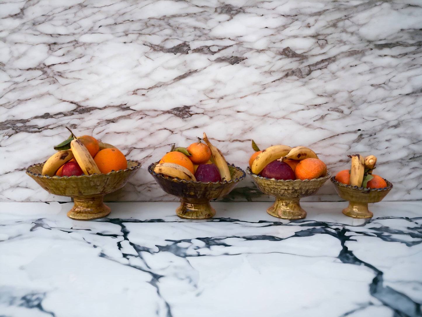 Tamgroute Ochre Fruit Bowl, Tamegroute Bowls Ochre Glazed Pottery, Set of 4 ceramic Fruit bowls, Tamegroute bowls, each handmade in Morocco.