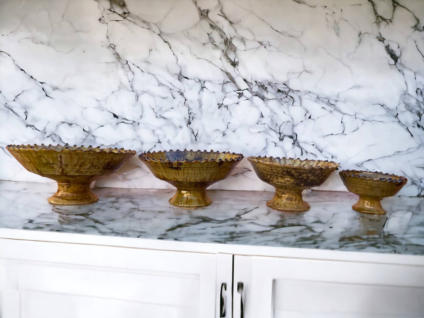 Tamgroute Ochre Fruit Bowl, Tamegroute Bowls Ochre Glazed Pottery, Set of 4 ceramic Fruit bowls, Tamegroute bowls, each handmade in Morocco.