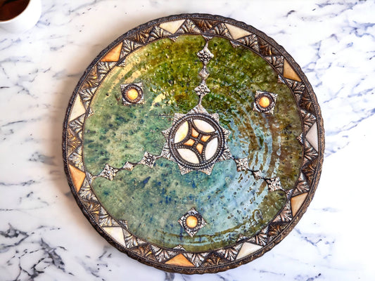 Handmade Antique Decorative Plate, Plate Green Glazed Pottery, Decorated with carved silver-plated copper and camel bones, Moroccan pottery
