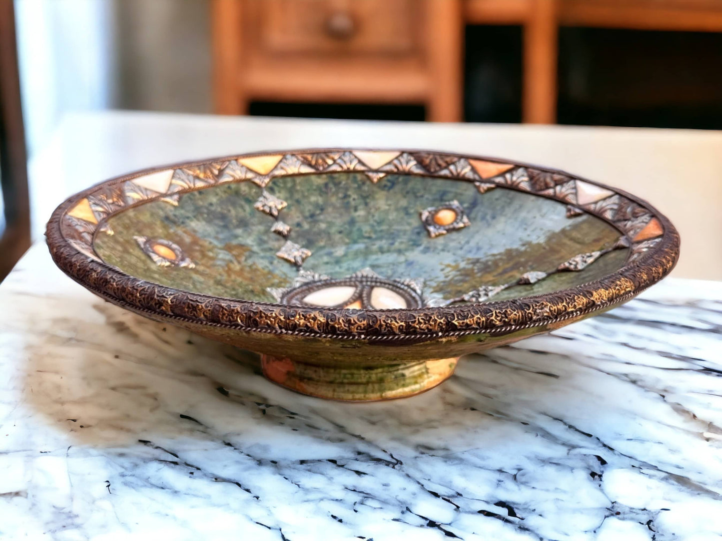 Handmade Antique Decorative Plate, Plate Green Glazed Pottery, Decorated with carved silver-plated copper and camel bones, Moroccan pottery