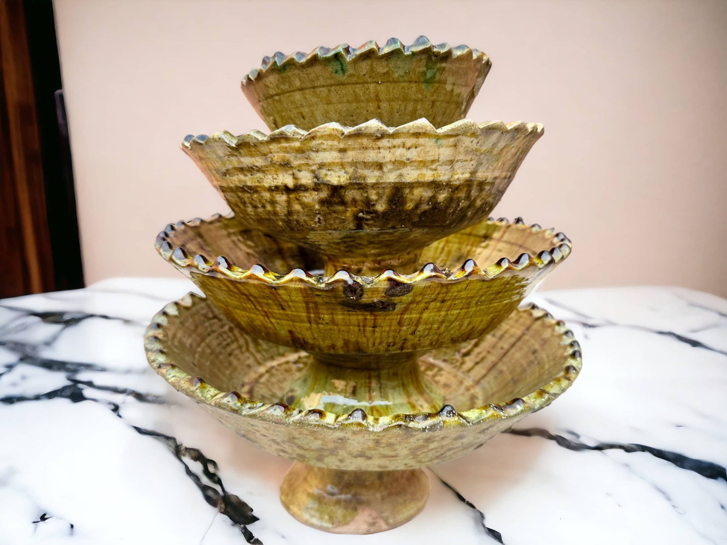 Tamgroute Ochre Fruit Bowl, Tamegroute Bowls Ochre Glazed Pottery, Set of 4 ceramic Fruit bowls, Tamegroute bowls, each handmade in Morocco.