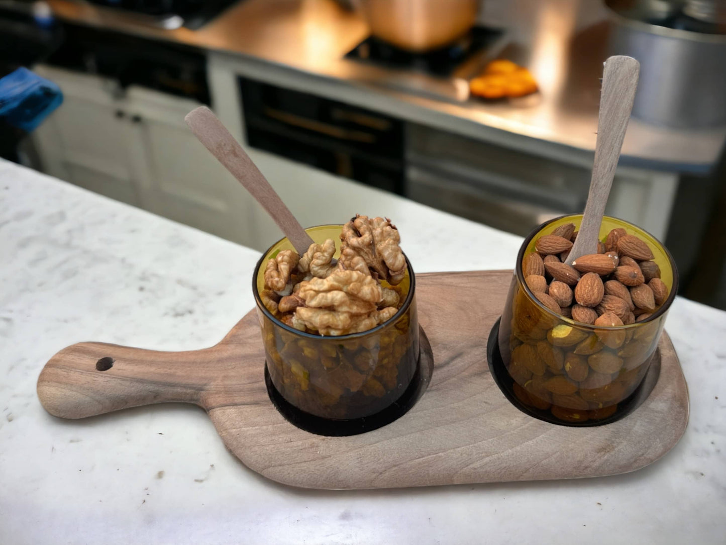 Walnut Wood Serving Set with Handcrafted Recycled Glassware and Walnut Bowl