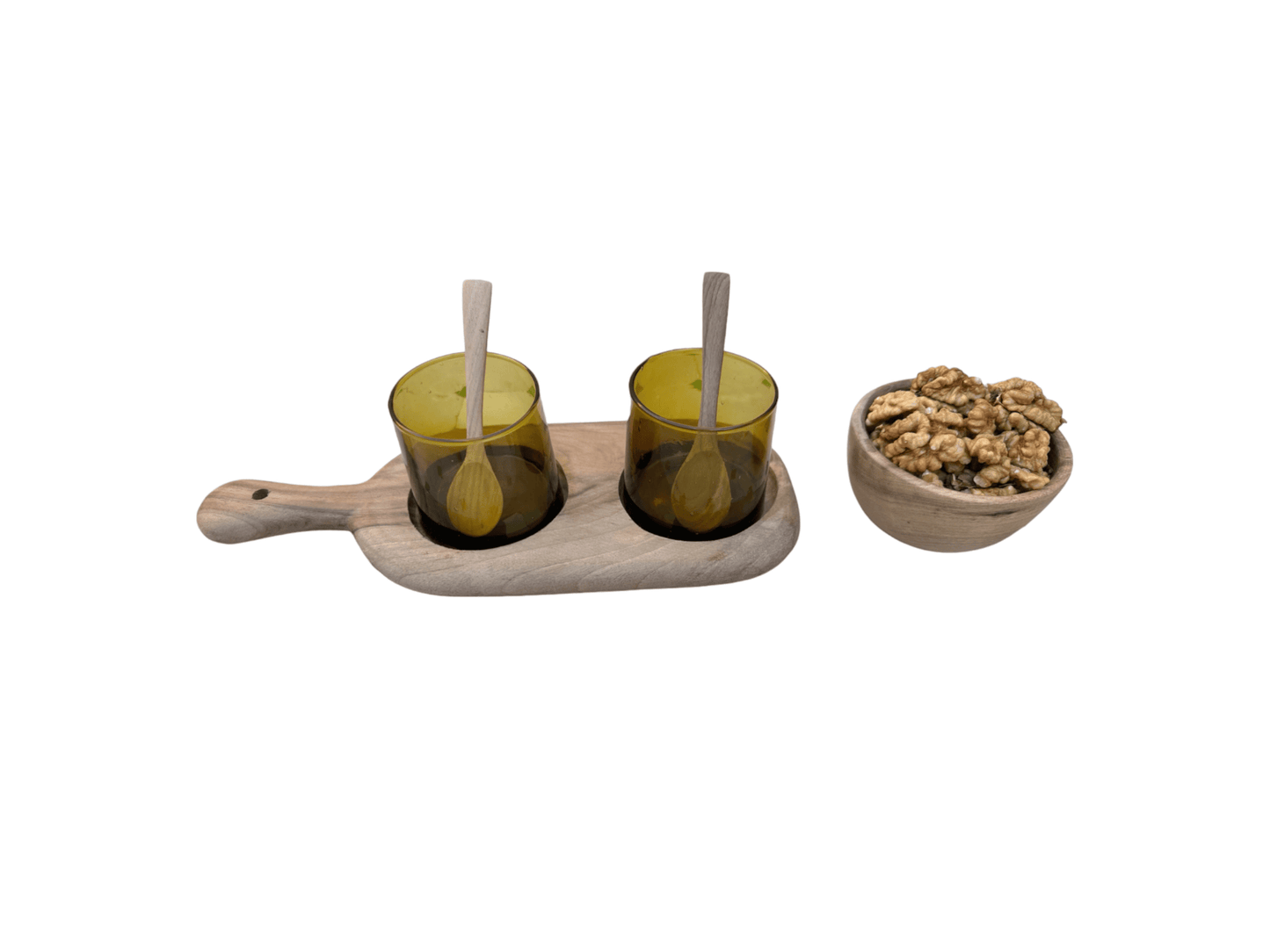 Walnut Wood Serving Set with Handcrafted Recycled Glassware and Walnut Bowl