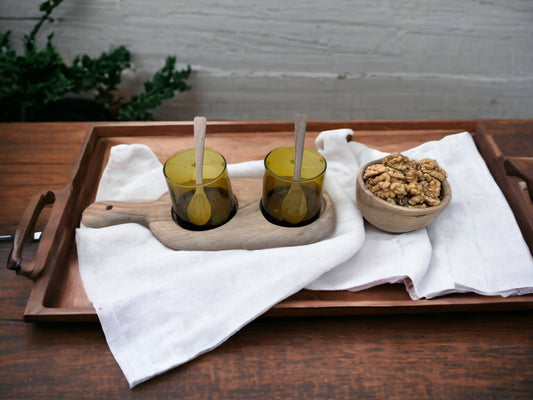 Walnut Wood Serving Set with Handcrafted Recycled Glassware and Walnut Bowl