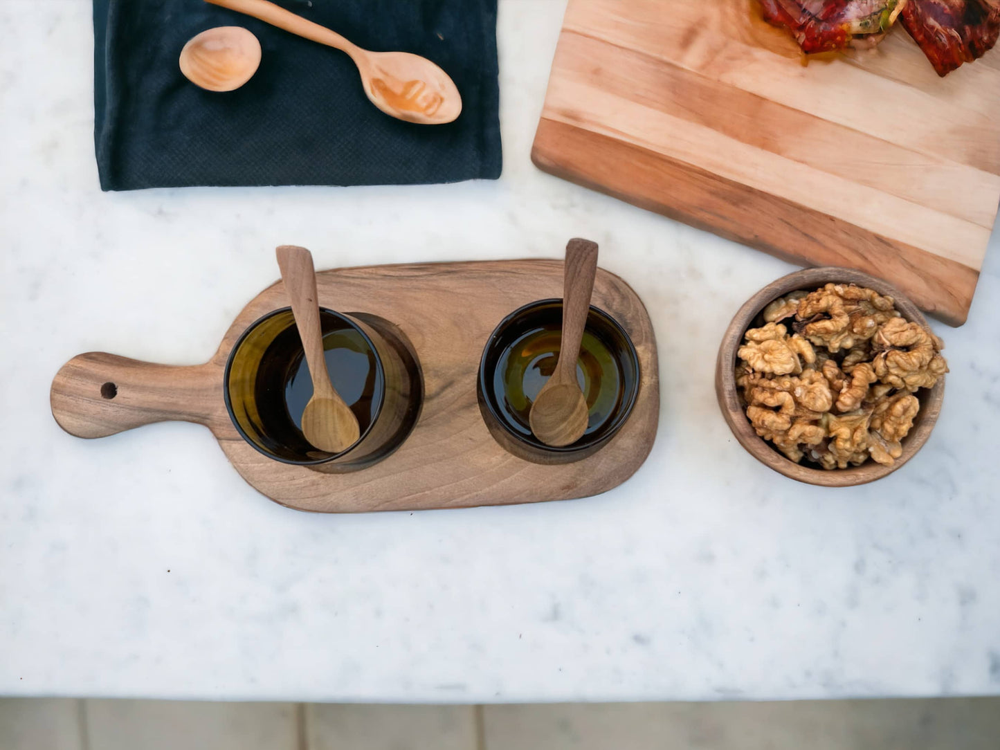 Walnut Wood Serving Set with Handcrafted Recycled Glassware and Walnut Bowl