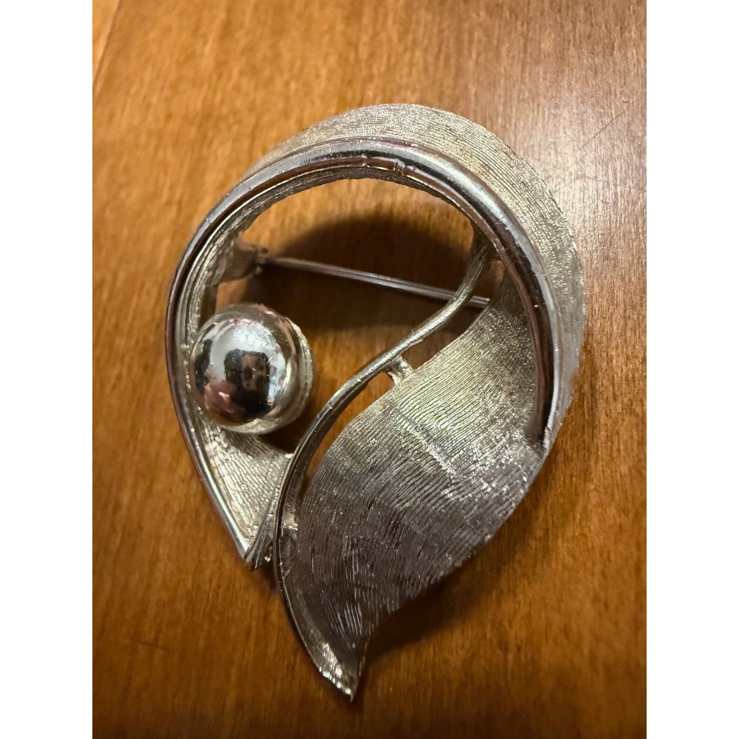 Vintage Trifari Silver-Tone Leaf & Sphere Brooch With Textured Design