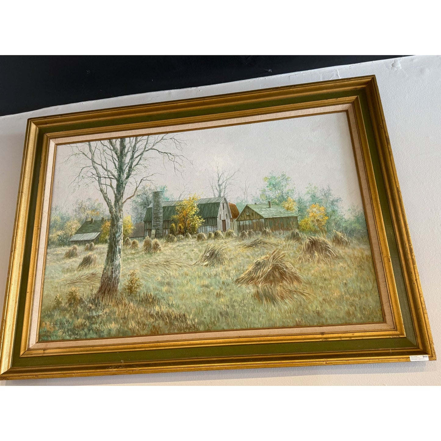 Signed Hyun Bo Yoo Oil On Canvas Painting Of Rural Landscape With Barns & Haystacks