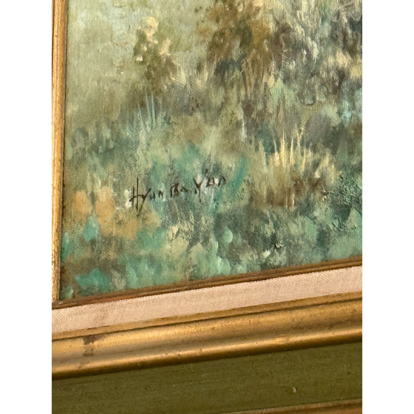 Signed Hyun Bo Yoo Oil On Canvas Painting Of Rural Landscape With Barns & Haystacks