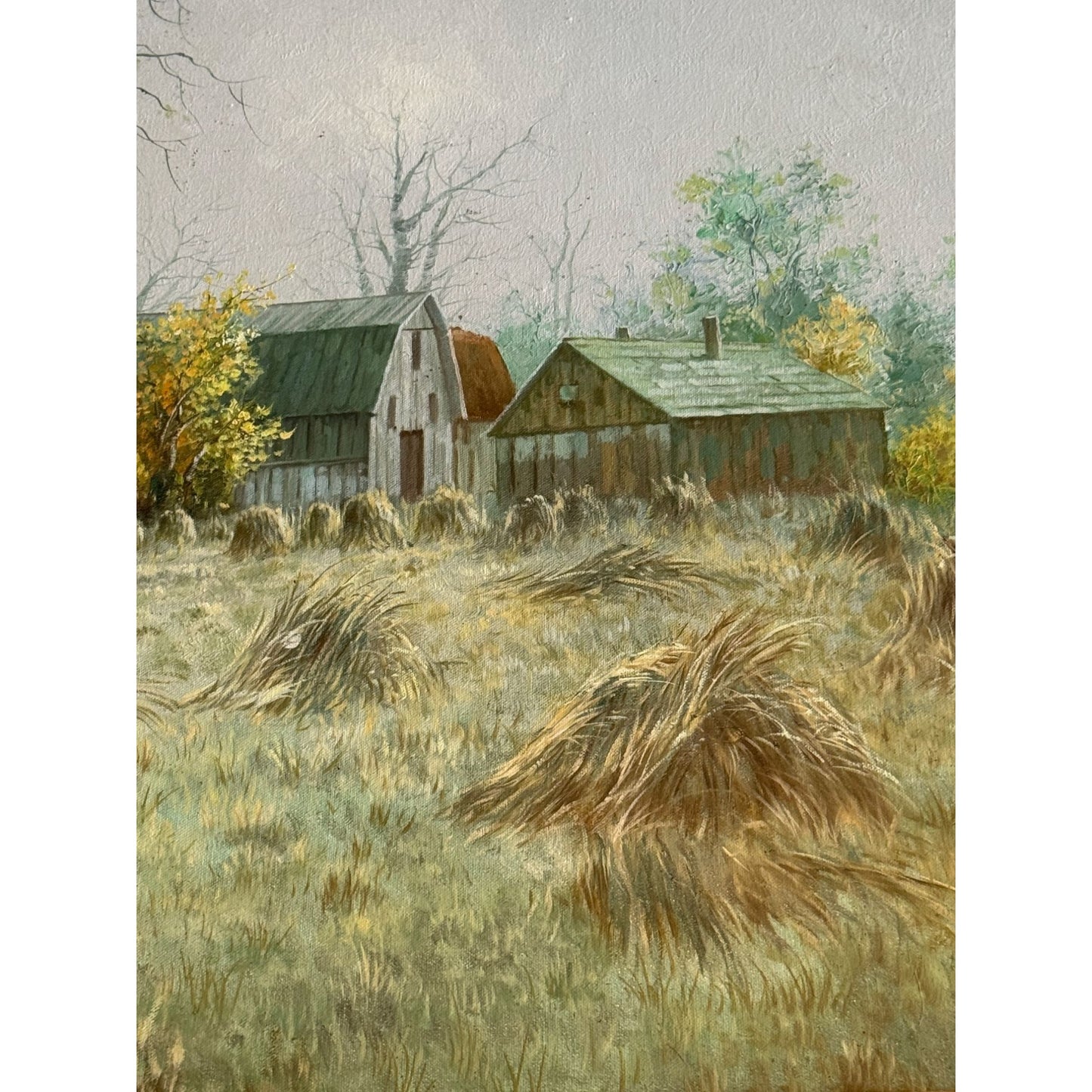 Signed Hyun Bo Yoo Oil On Canvas Painting Of Rural Landscape With Barns & Haystacks