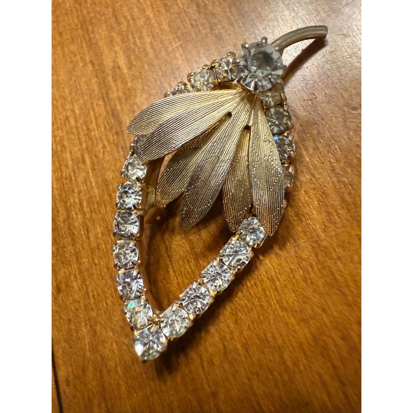 Vintage Gold-Tone Leaf Brooch With Rhinestone Accents