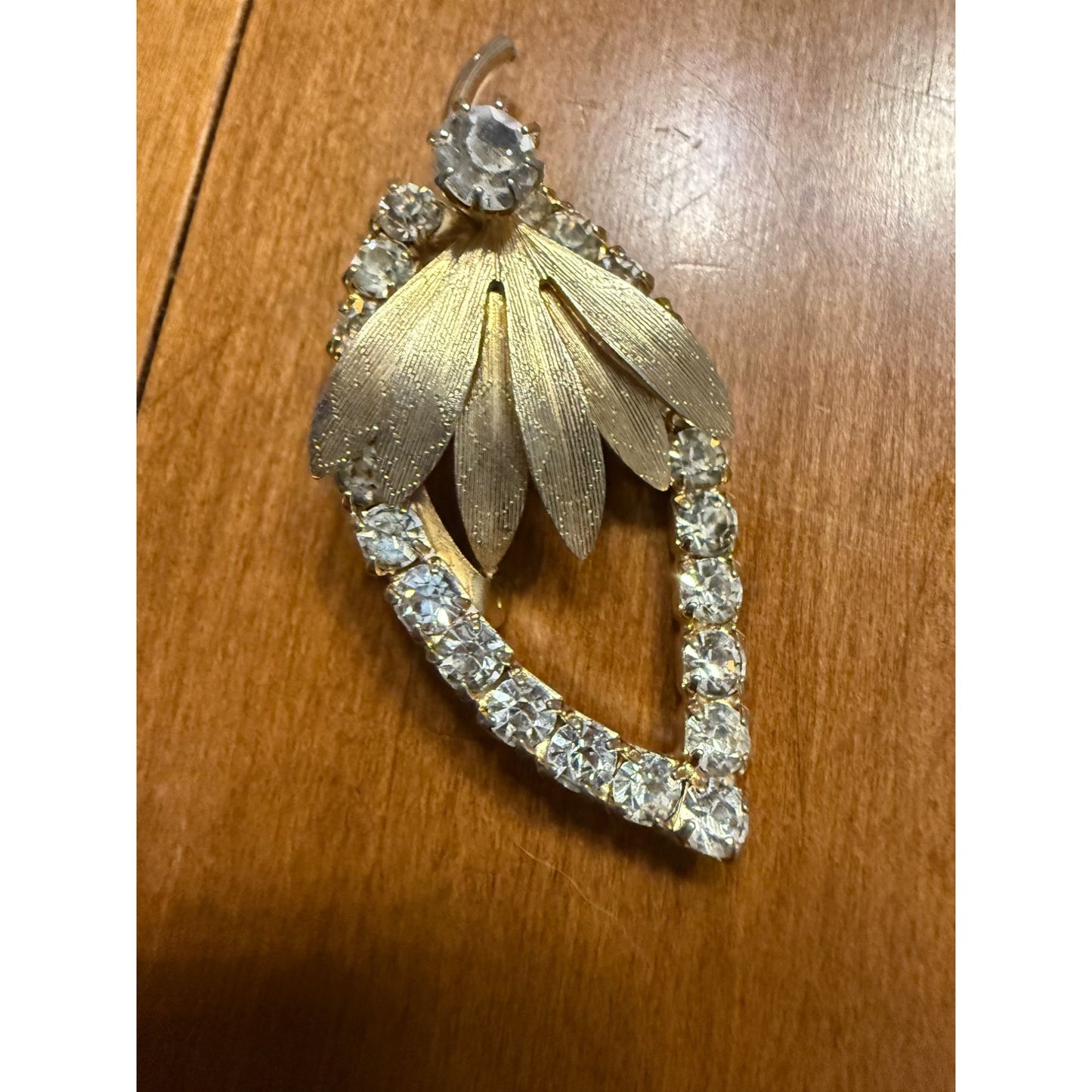 Vintage Gold-Tone Leaf Brooch With Rhinestone Accents