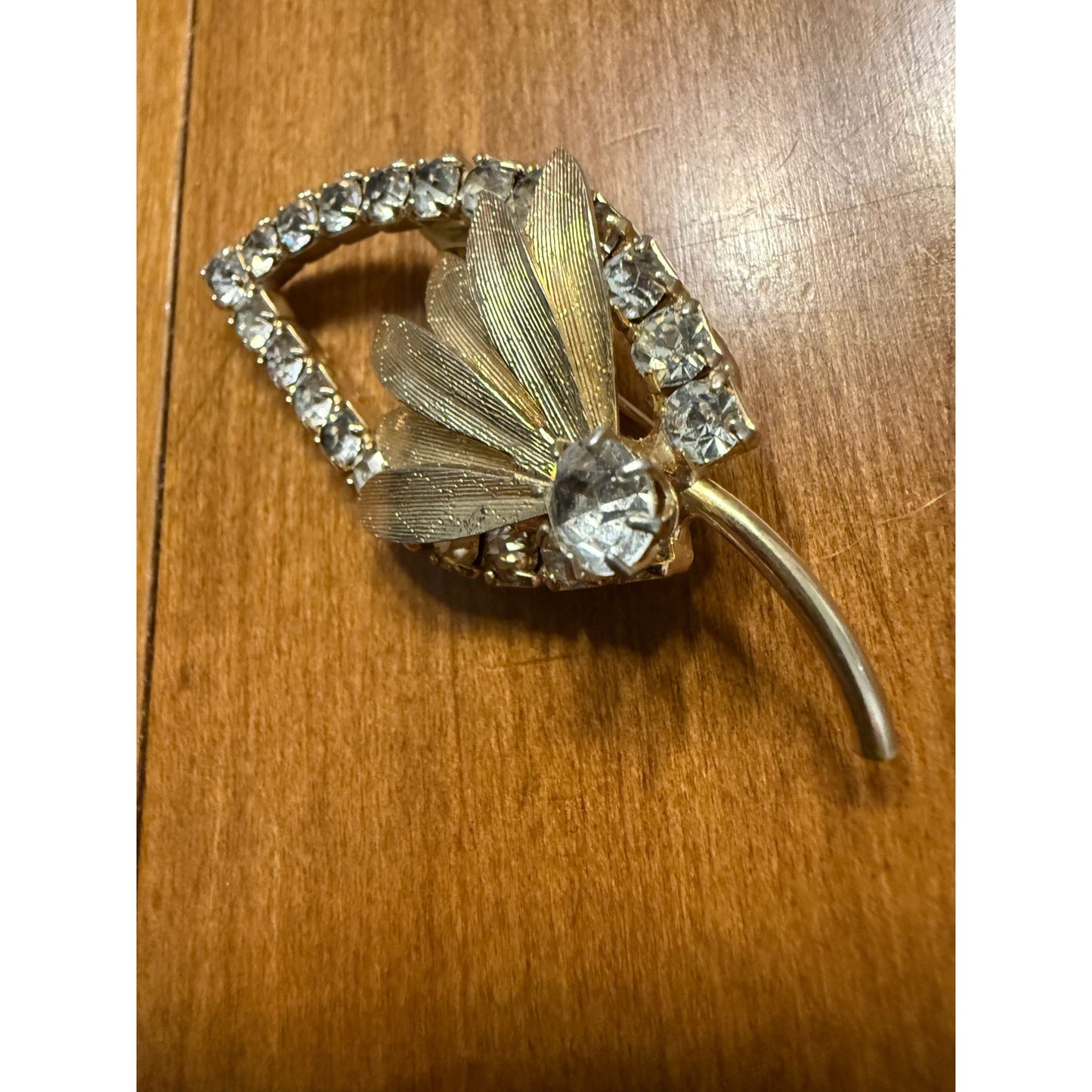 Vintage Gold-Tone Leaf Brooch With Rhinestone Accents