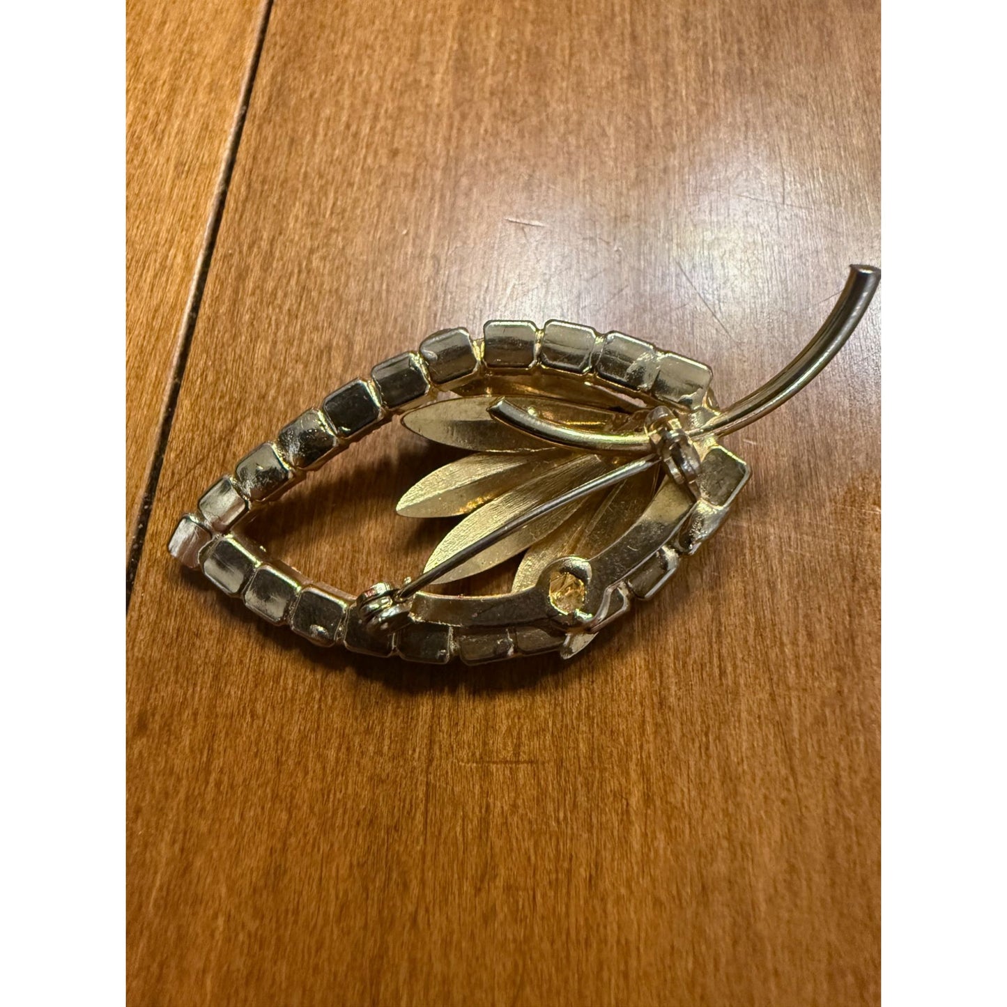 Vintage Gold-Tone Leaf Brooch With Rhinestone Accents