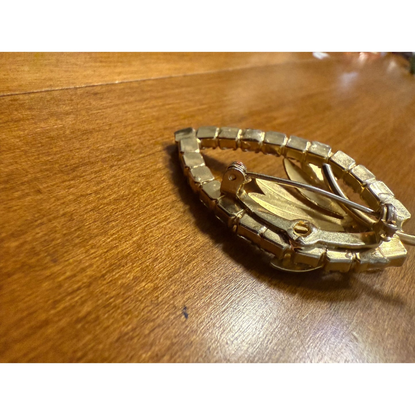 Vintage Gold-Tone Leaf Brooch With Rhinestone Accents