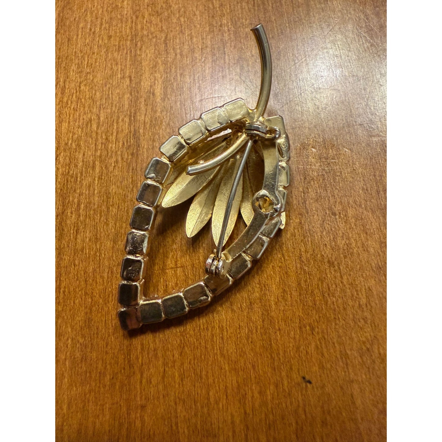 Vintage Gold-Tone Leaf Brooch With Rhinestone Accents