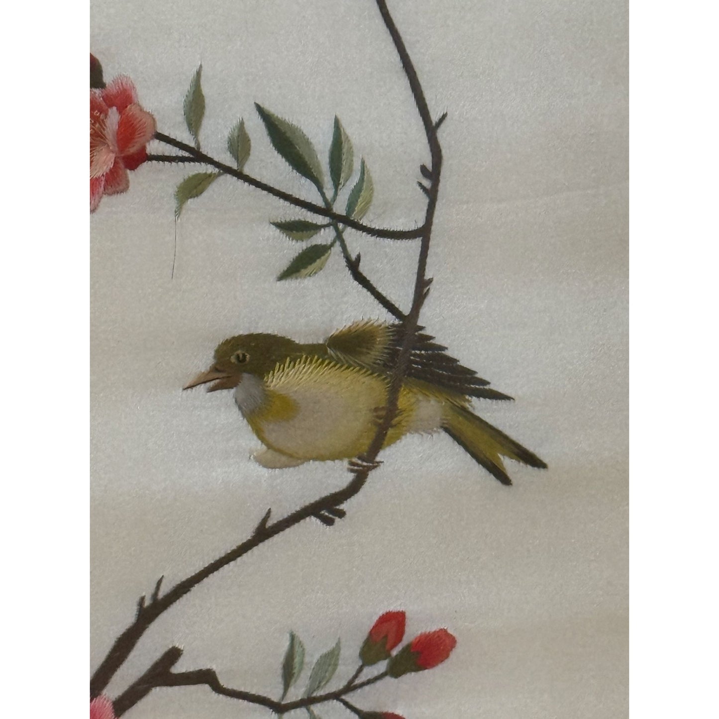 Vintage Chinese Silk Embroidery Art With Birds & Roses In Bamboo Frame