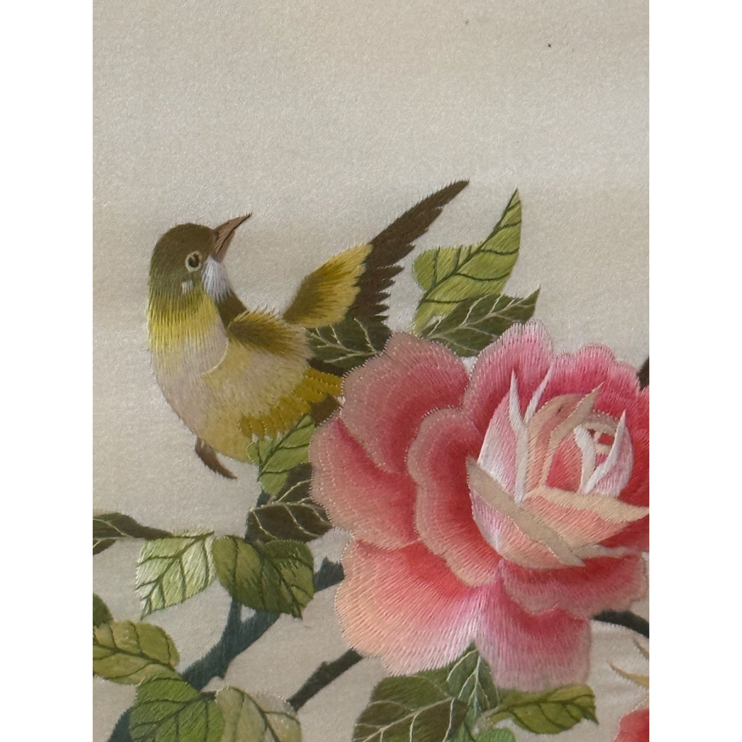 Vintage Chinese Silk Embroidery Art With Birds & Roses In Bamboo Frame