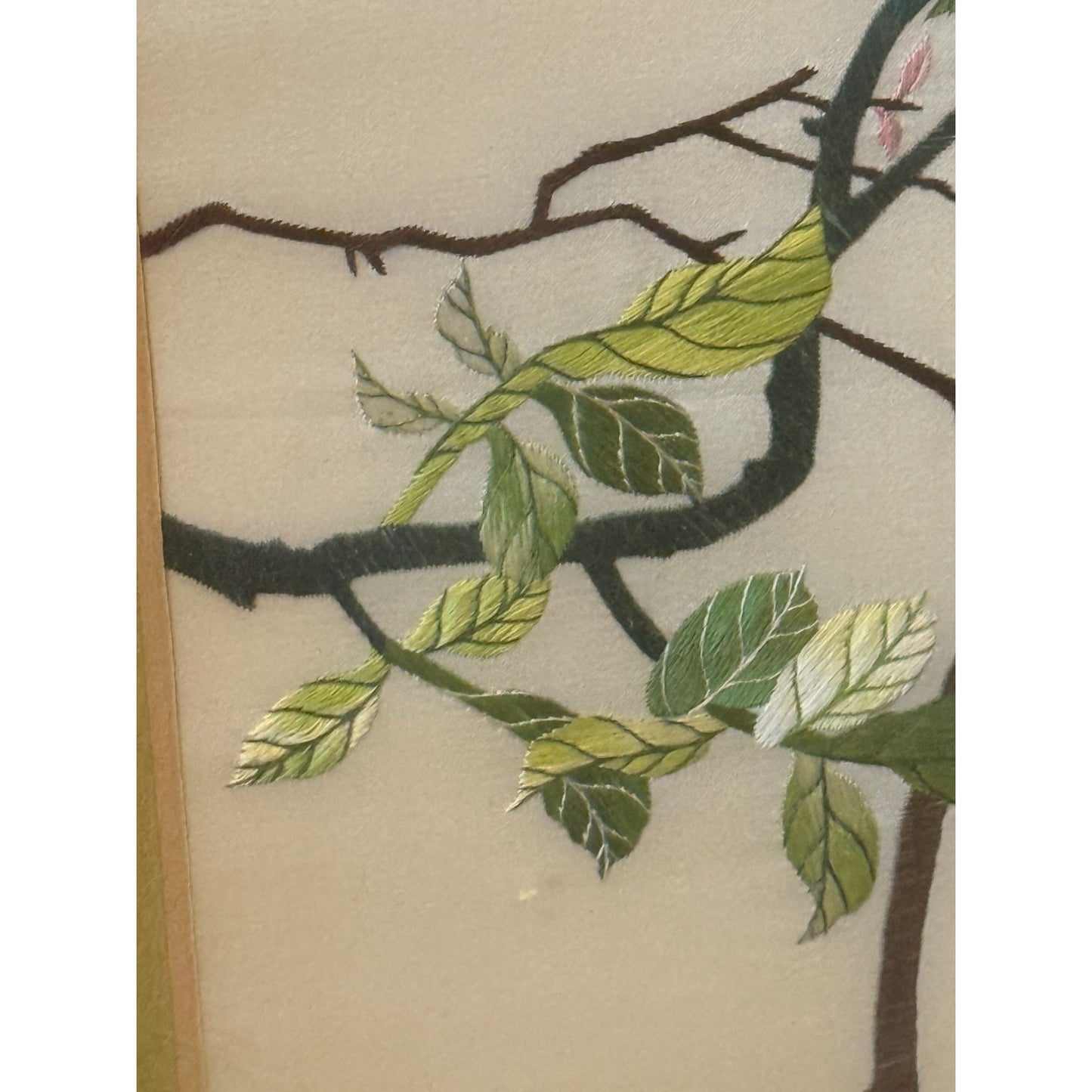 Vintage Chinese Silk Embroidery Art With Birds & Roses In Bamboo Frame