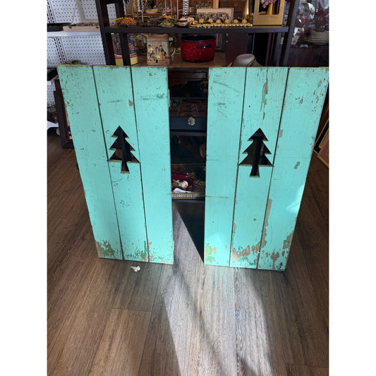 Rustic Turquoise Wooden Cabin Shutters With Tree Cutouts  Distressed Finish