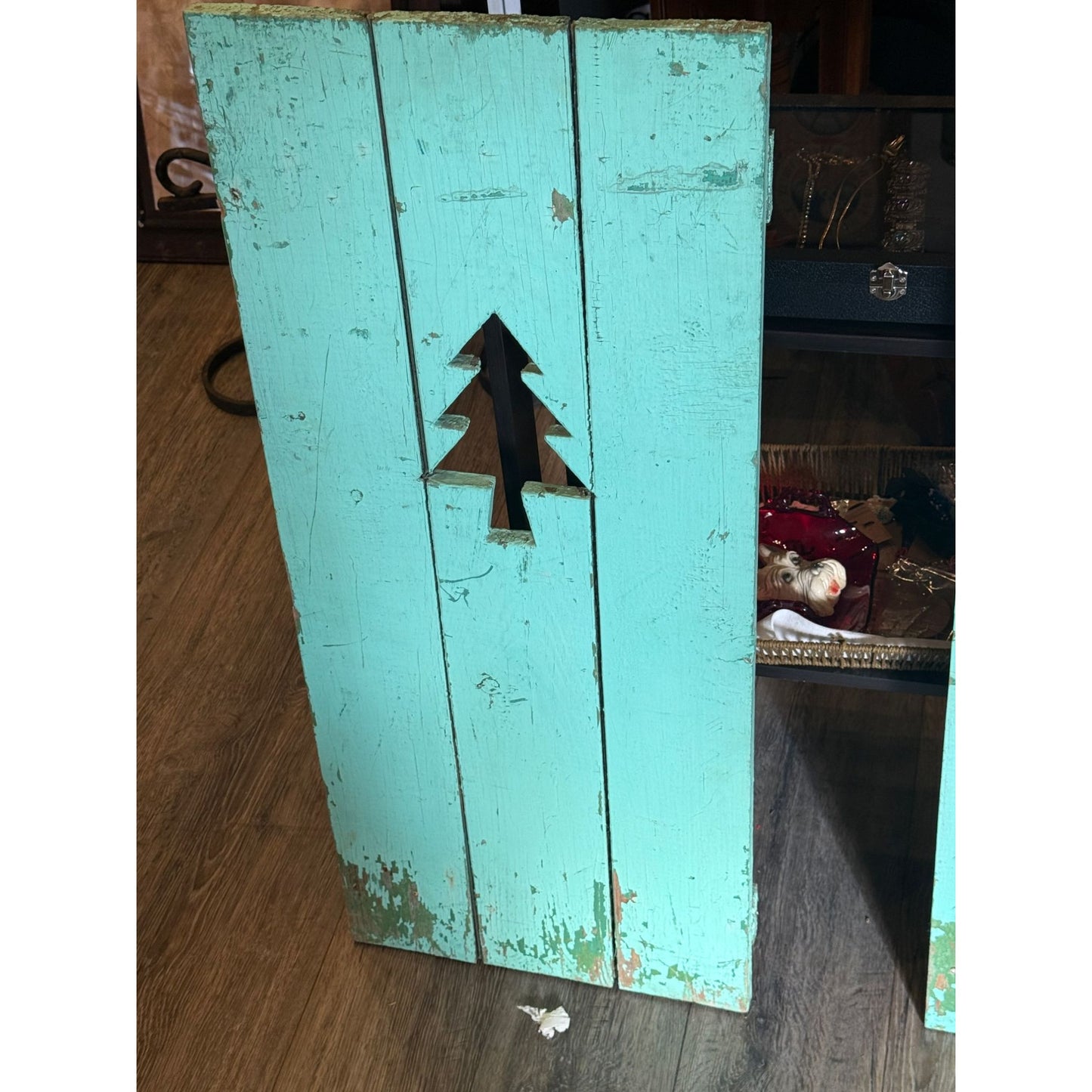 Rustic Turquoise Wooden Cabin Shutters With Tree Cutouts  Distressed Finish