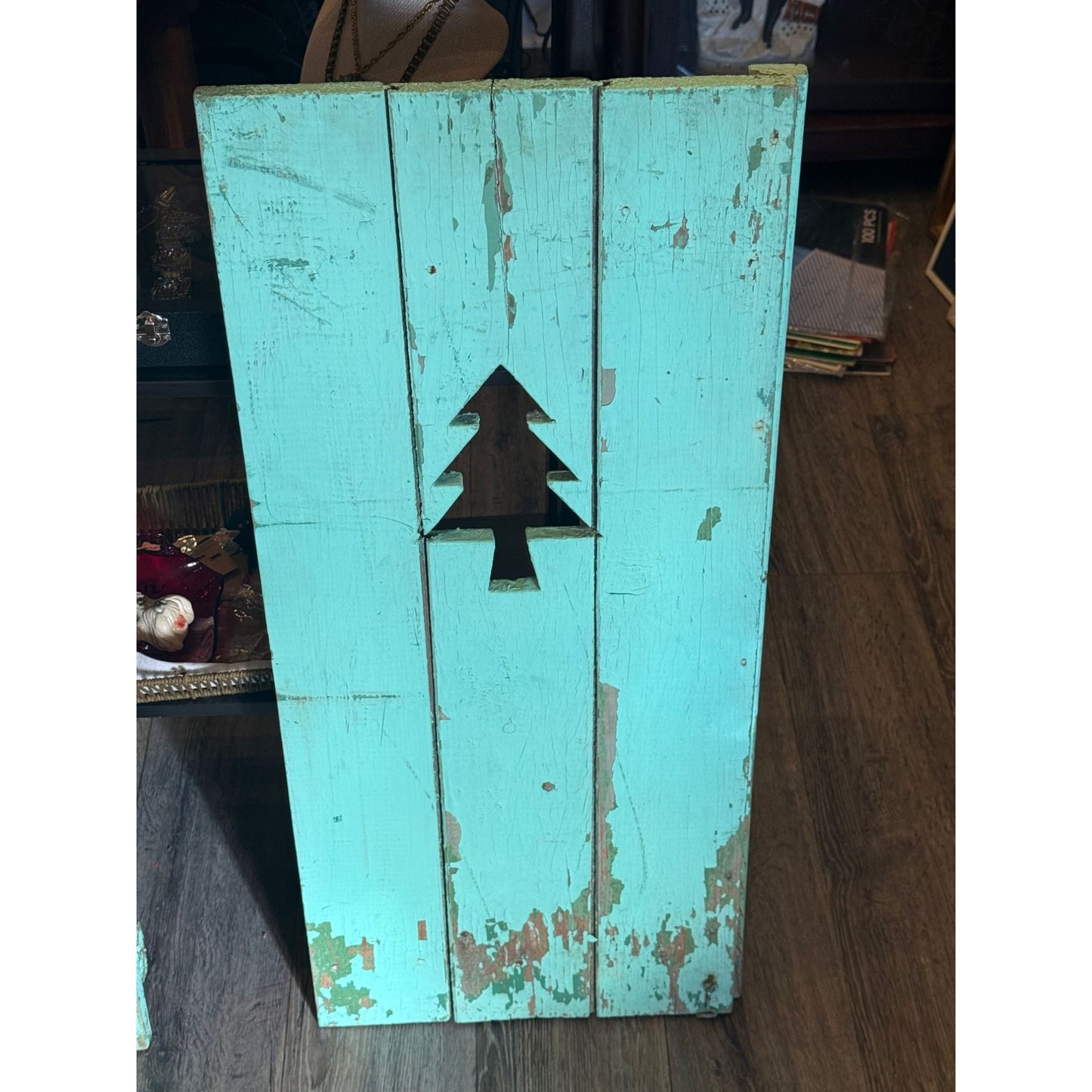 Rustic Turquoise Wooden Cabin Shutters With Tree Cutouts  Distressed Finish