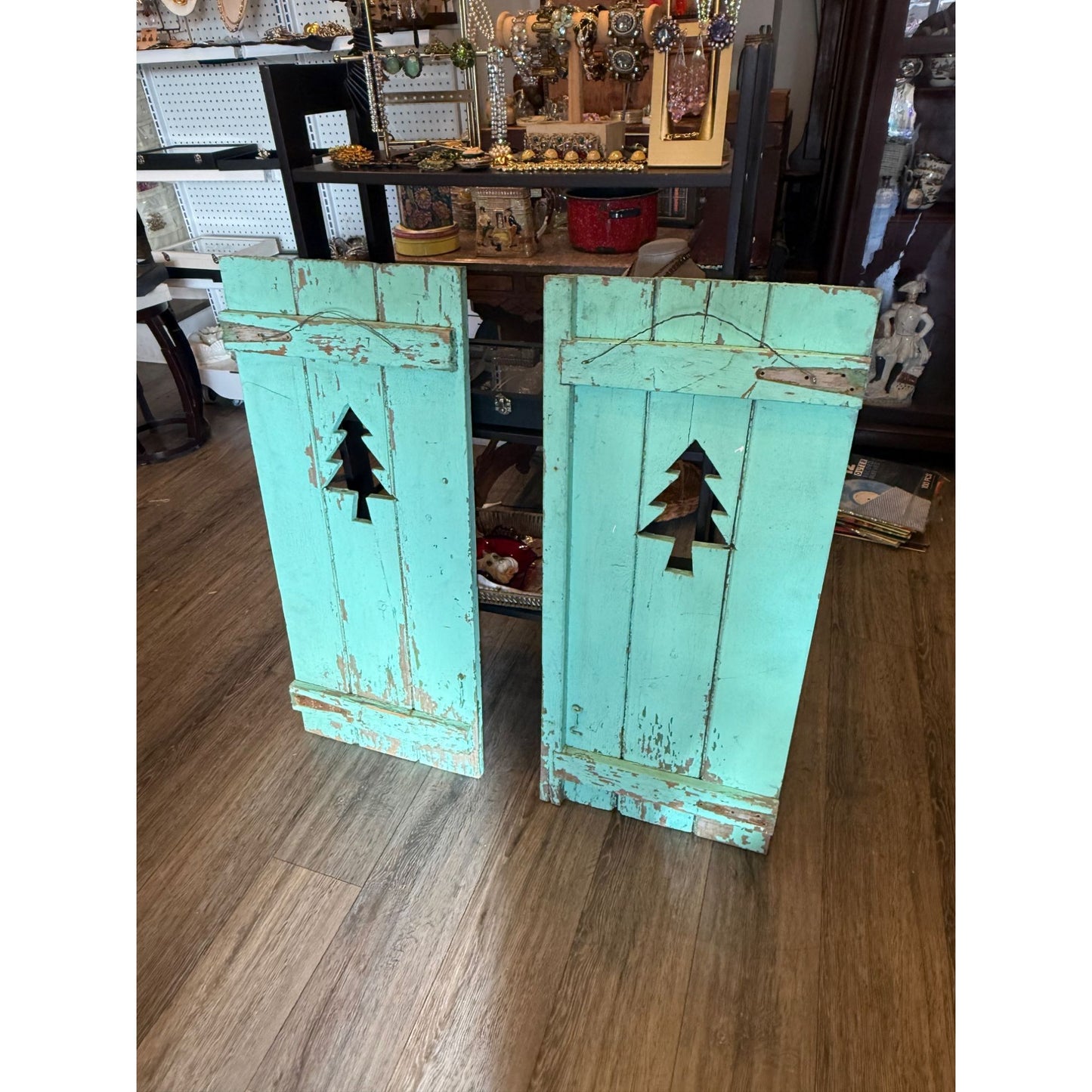 Rustic Turquoise Wooden Cabin Shutters With Tree Cutouts  Distressed Finish