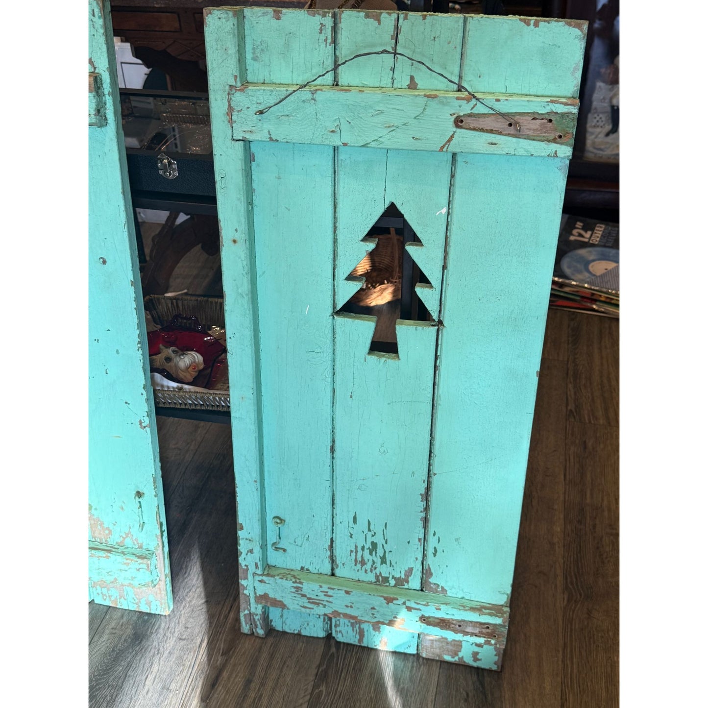 Rustic Turquoise Wooden Cabin Shutters With Tree Cutouts  Distressed Finish