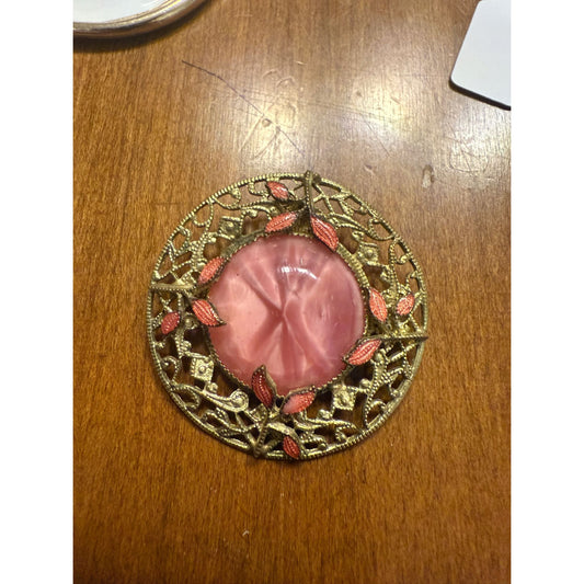 Vintage Gold Filigree Brooch With Pink Glass Center & Enamel Leaves