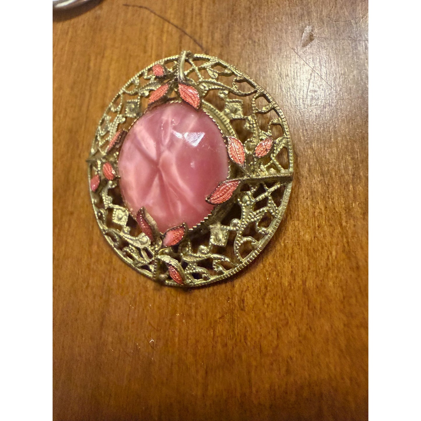 Vintage Gold Filigree Brooch With Pink Glass Center & Enamel Leaves