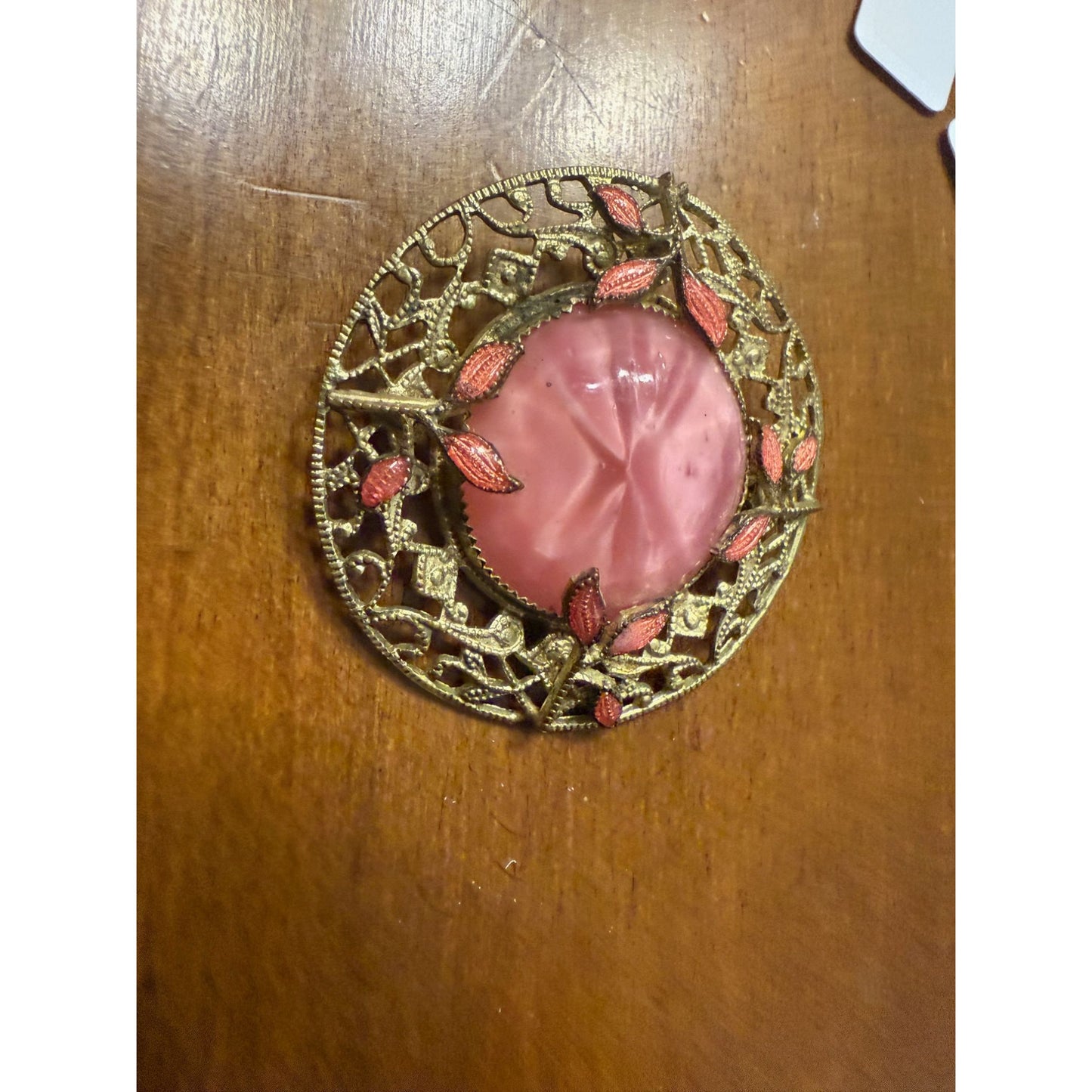 Vintage Gold Filigree Brooch With Pink Glass Center & Enamel Leaves