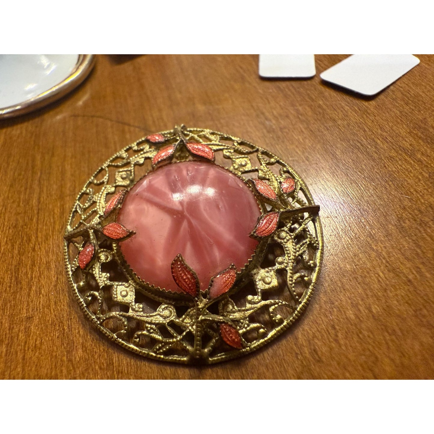 Vintage Gold Filigree Brooch With Pink Glass Center & Enamel Leaves