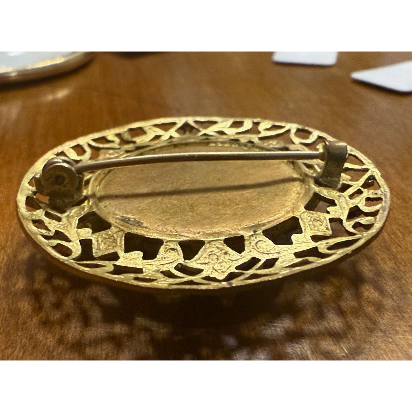 Vintage Gold Filigree Brooch With Pink Glass Center & Enamel Leaves